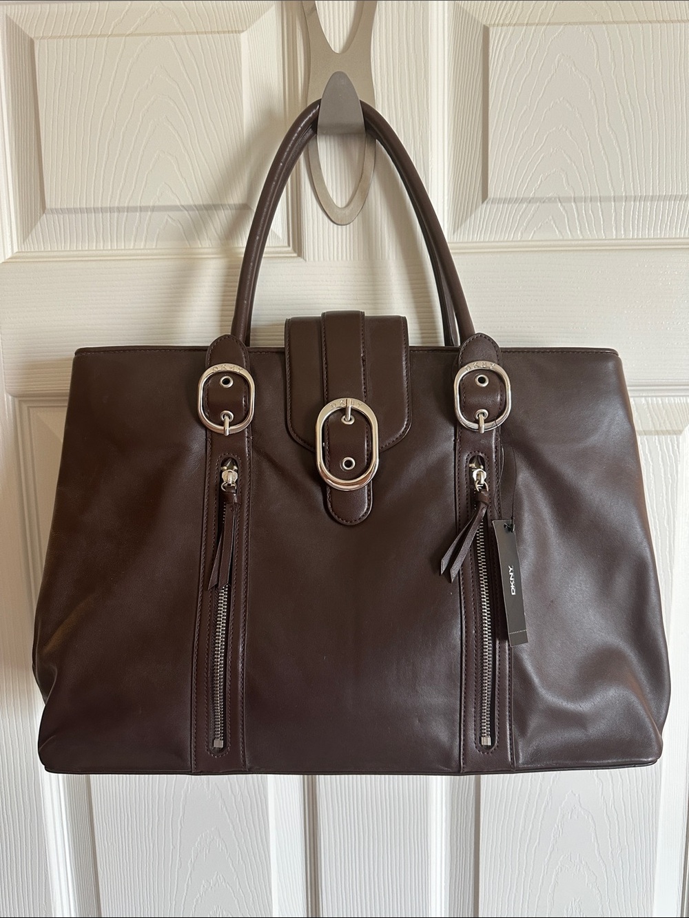 Classic DKNY Brown Leather Tote Buckle Accent NWT